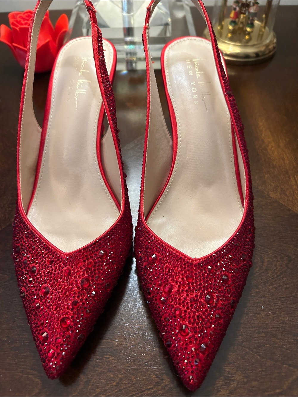 Nicole Miller Red Crystal Embellished Slingback Pumps